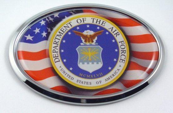 Air Force with USA Flag Oval Chrome Oval 3D Domed Emblem