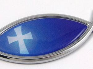 Blue Cross Jesus Fish 3D Auto Emblem