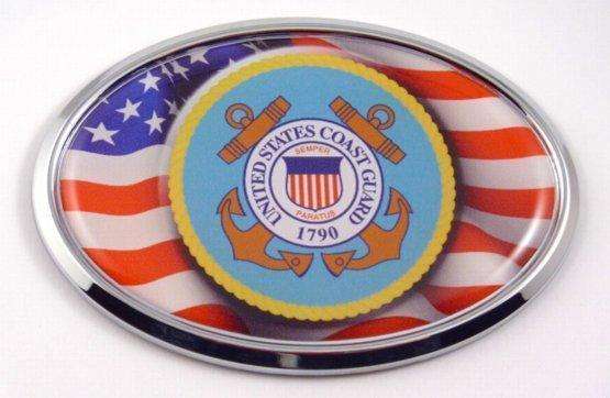 Coast Guard Logo with USA Flag Oval Chrome 3D Domed Emblem