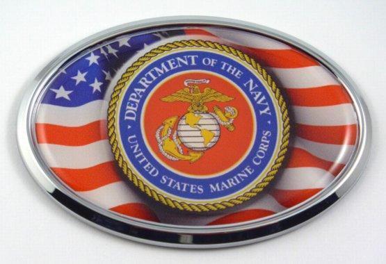 Marine Logo with USA Flag Oval Chrome Oval 3D Domed Emblem